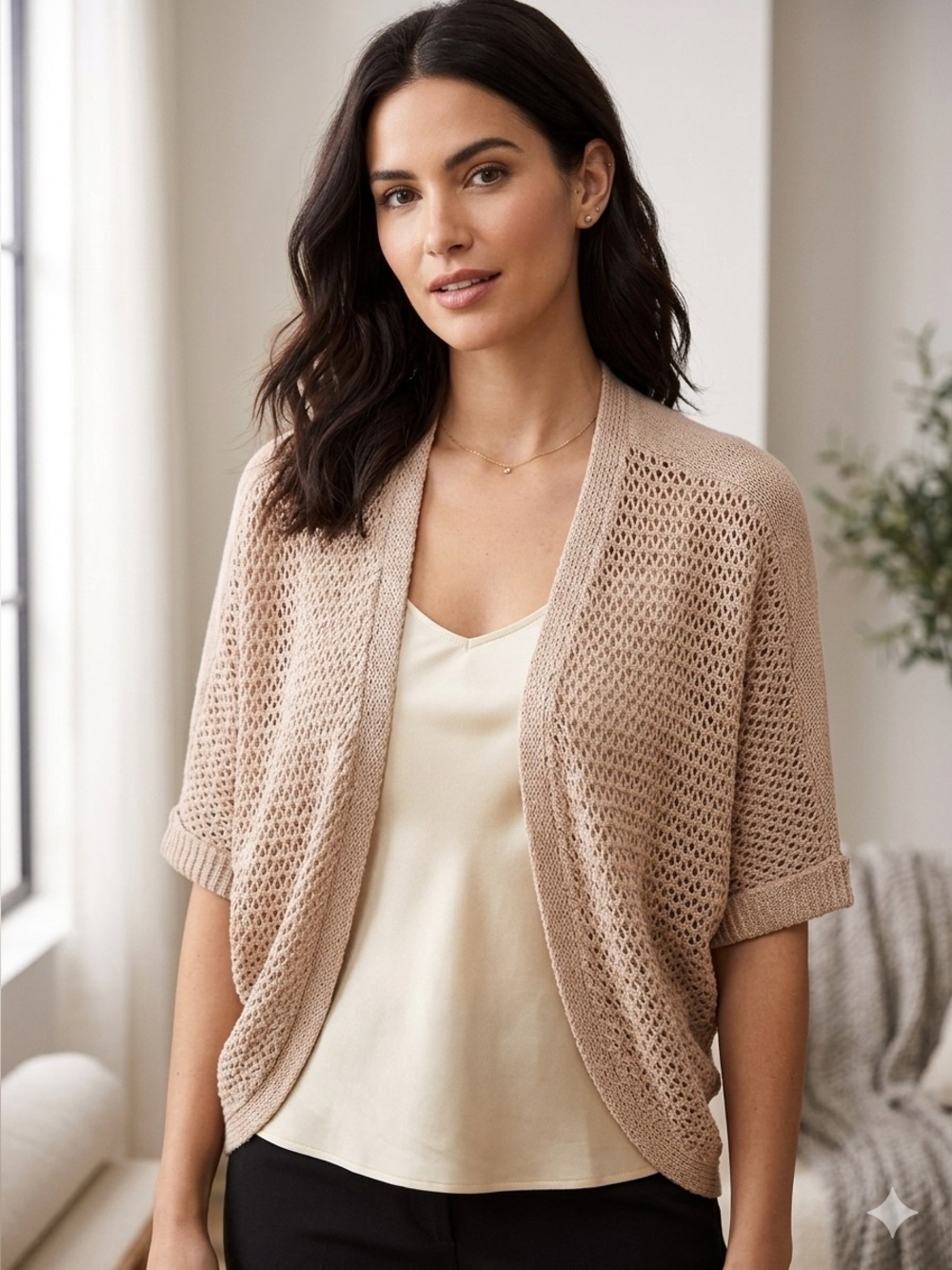 Loft Ann Taylor Blush Tan Pointelle Open Front Shrug Cardigan Dolman Sleeve L